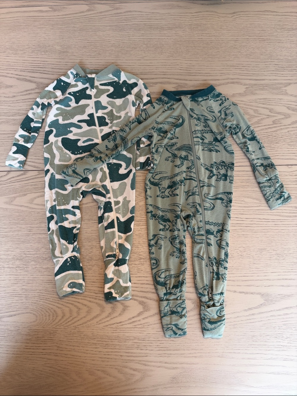 Green Camouflage & Dino One-Piece Sleepers - Set of 2
